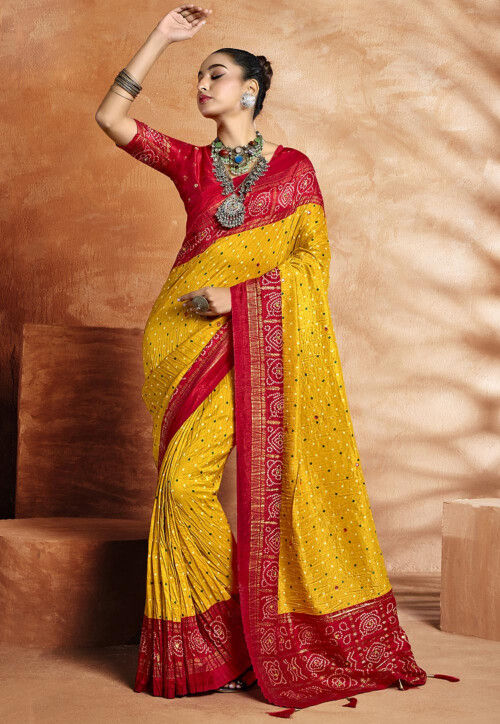 Bandhej Art Silk Saree in Yellow