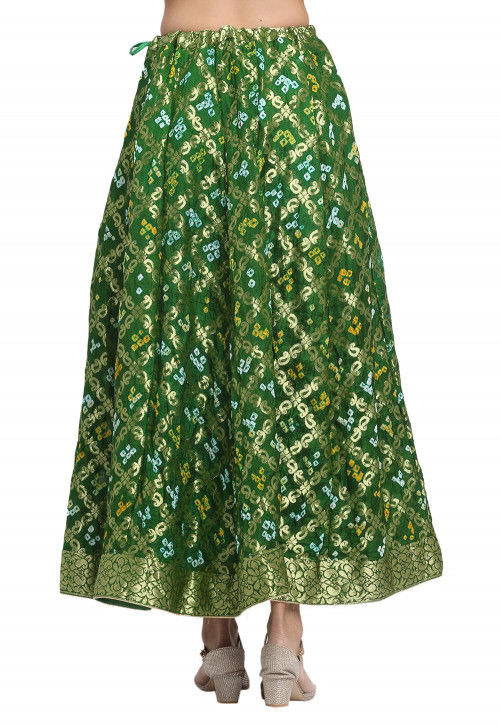 Bandhej Banarasi Silk Skirt in Dark Green