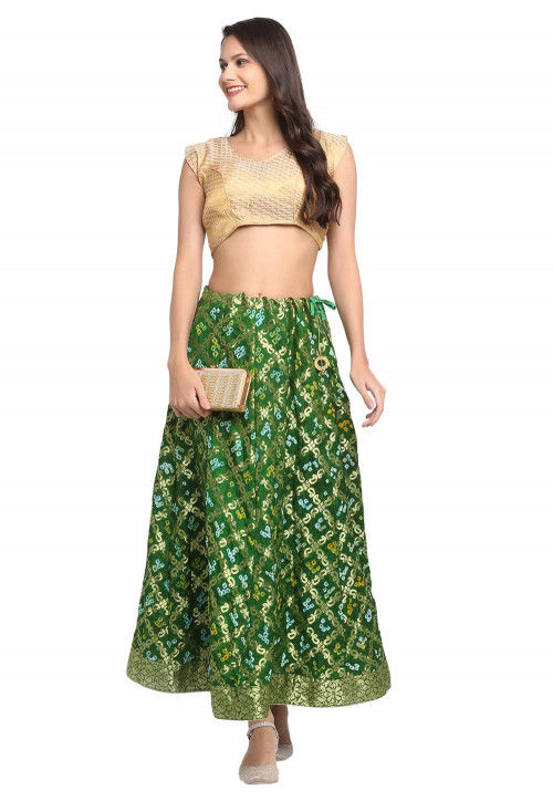 Bandhej Banarasi Silk Skirt in Dark Green
