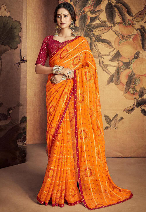 Georgette Yellow and Orange Color Combination Saree with Blouse Piece at Rs  1540 in Surat