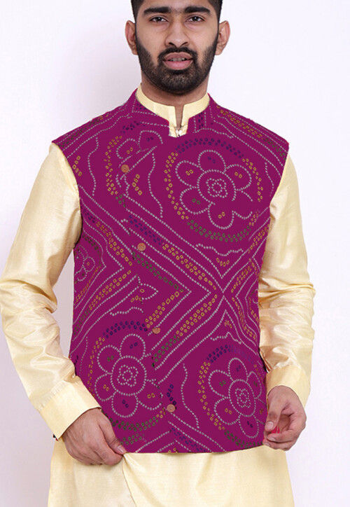 Bandhej Crepe Nehru Jacket in Magenta