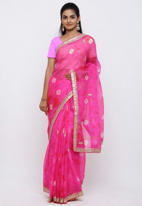 Bandhej Gota Patti Kota Silk Saree in Pink