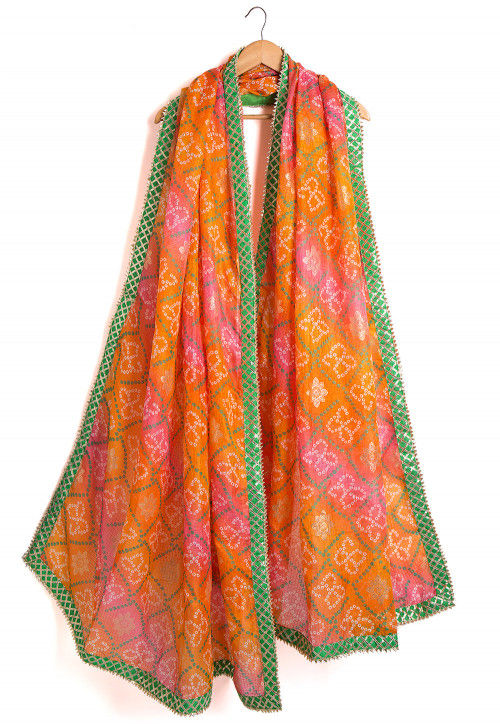 Bandhej Kota Silk Dupatta in Orange and Pink