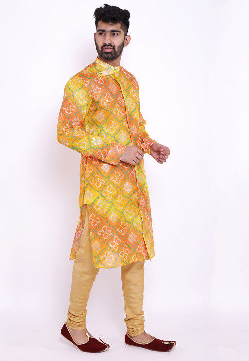 Bandhej Kota Silk Front Open Kurta Set in Yellow and Orange : MTE98
