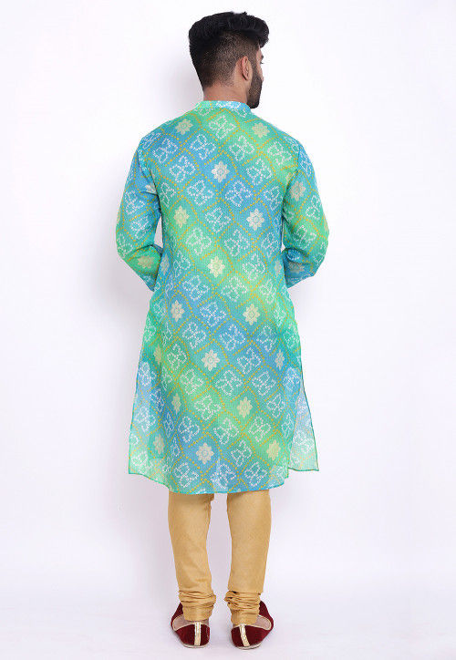 Bandhej Kota Silk Kurta in Shaded Green and Blue