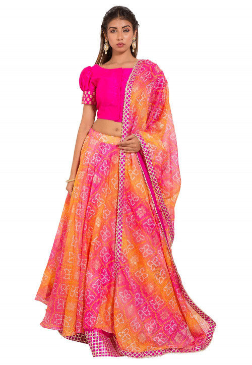 Bandhej Kota Silk Lehenga in Pink and Orange : LJN1481