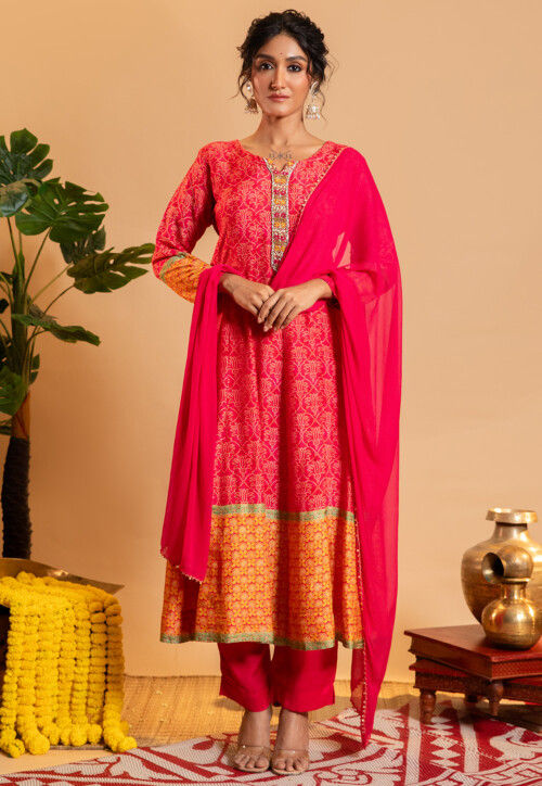 Bandhej Printed Art Silk A Line Suit in Fuchsia