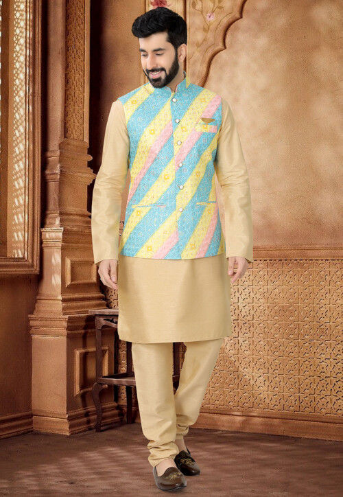 Bandhej Printed Art Silk Kurta Set in Beige