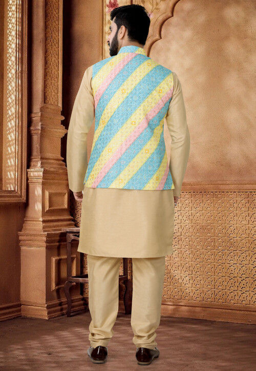 Bandhej Printed Art Silk Kurta Set in Beige