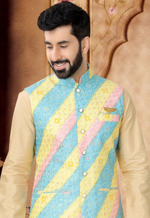 Bandhej Printed Art Silk Kurta Set in Beige