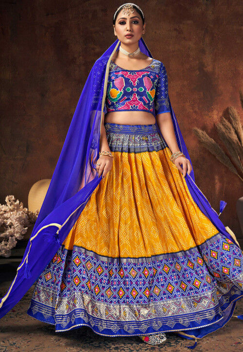 Shop Navy Blue and Orange Art Silk Lehenga Choli Online