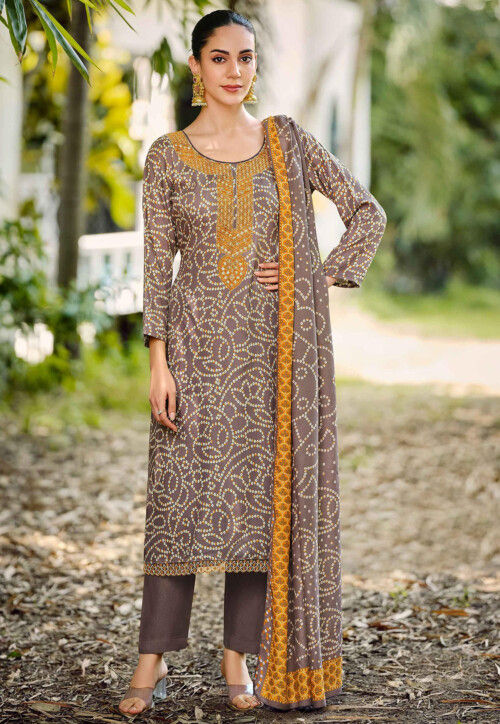 Bandhej Printed Art Silk Pakistani Suit in Dark Brown
