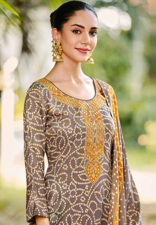 Bandhej Printed Art Silk Pakistani Suit in Dark Brown