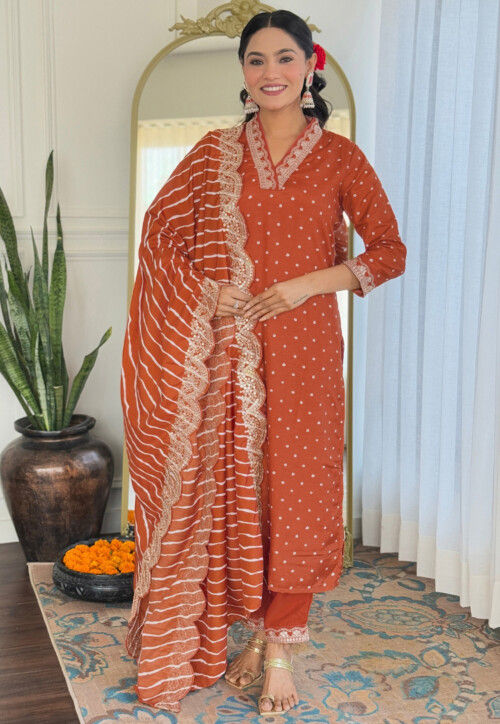 Bandhej Printed Art Silk Pakistani Suit in Orange
