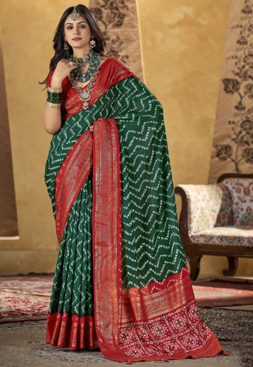 Buy Bandhej Printed Art Silk Saree in Dark Green Online SEW15295 Utsav Fashion