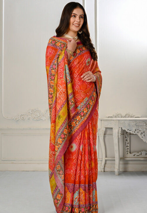 Bandhej Printed Art Silk Saree in Orange
