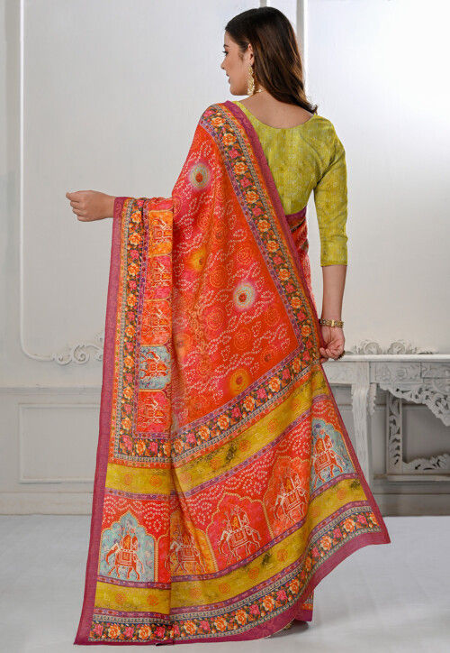 Bandhej Printed Art Silk Saree in Orange