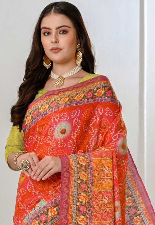 Bandhej Printed Art Silk Saree in Orange