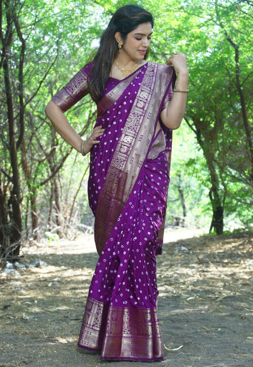 Bandhej Printed Art Silk Saree in Purple