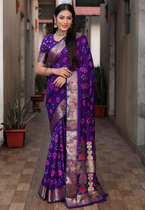 Bandhej Printed Art Silk Saree in Purple