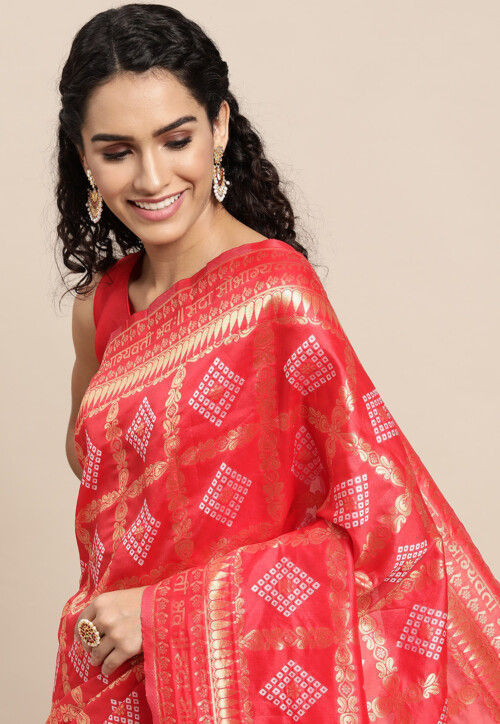 Women red pure_cotton Printed Bandhej Ehtnic Saree