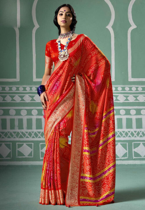 Bandhej Printed Art Silk Saree in Red