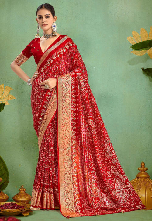 Bandhej Printed Art Silk Saree in Red