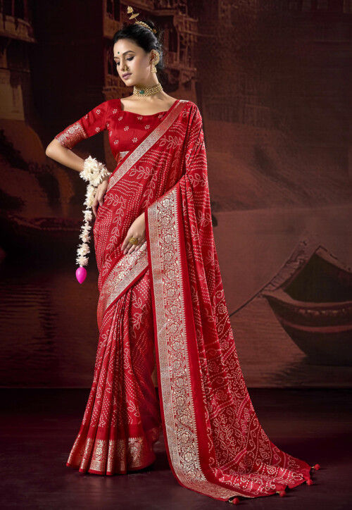 Bandhej Printed Art Silk Saree in Red