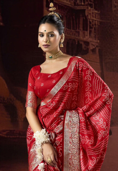 Bandhej Printed Art Silk Saree in Red