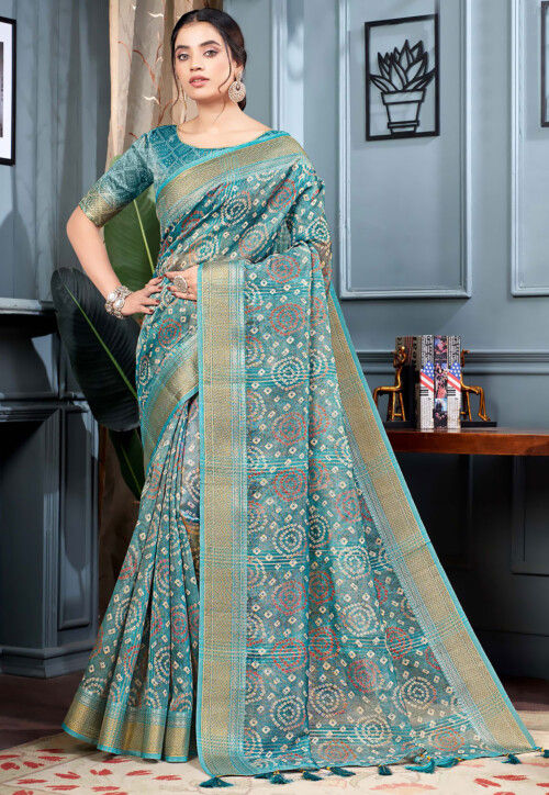 Buy Bandhej Printed Art Silk Saree in Teal Blue Online SFF3368 Utsav Fashion