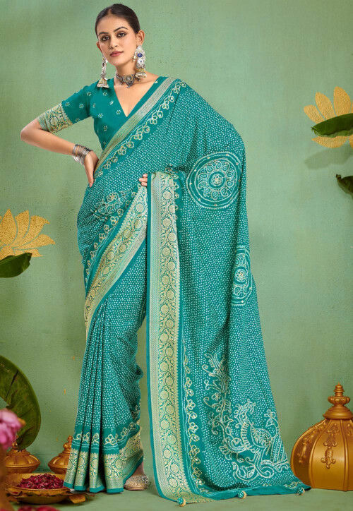 Bandhej Printed Art Silk Saree in Teal Green