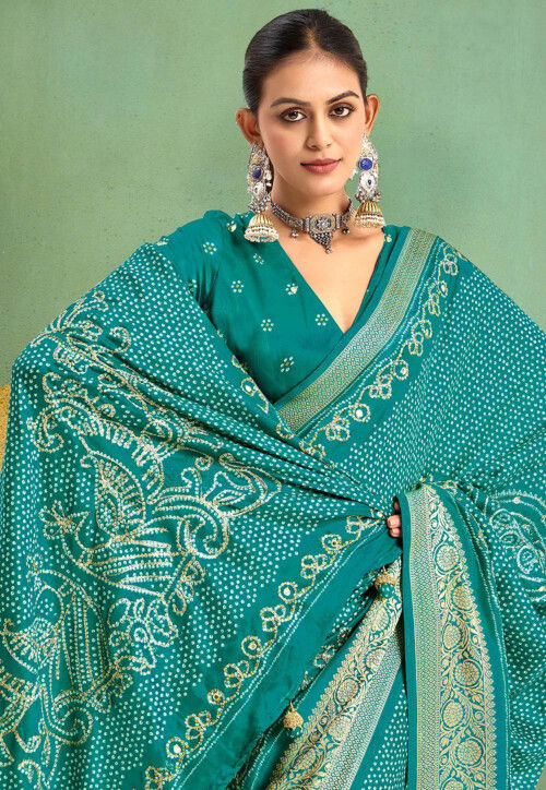 Bandhej Printed Art Silk Saree in Teal Green
