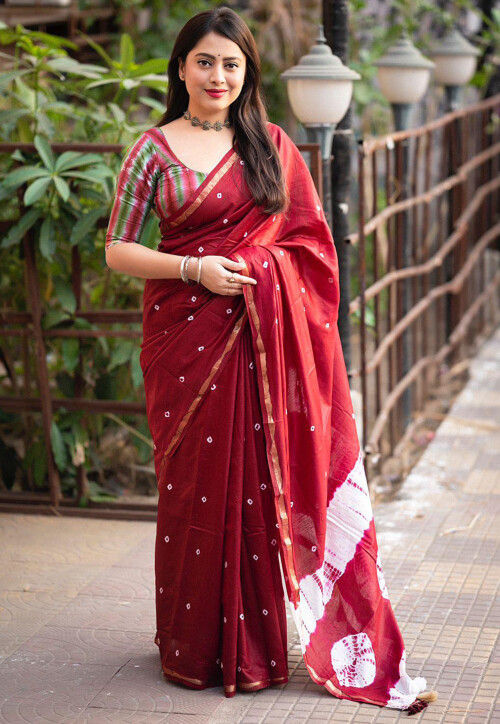 Bandhej Printed Chanderi Cotton Saree in Maroon