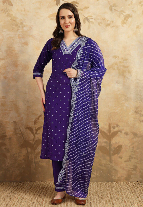 Bandhej Printed Chanderi Silk Pakistani Suit in Purple