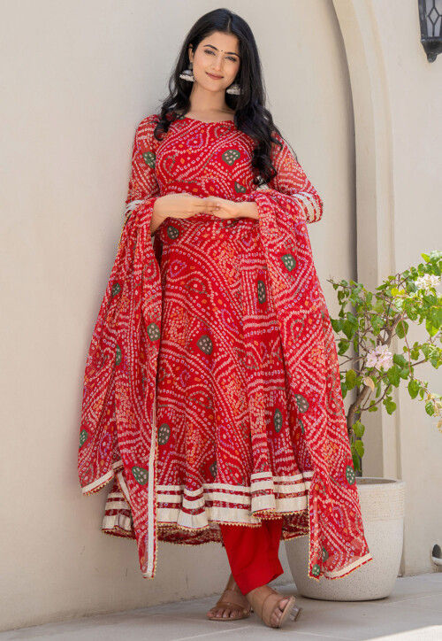 Buy Bandhej Printed Chiffon Anarkali Suit in Red Online : KCU438 - Utsav  Fashion