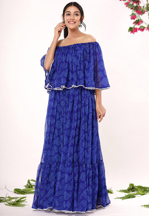 Bandhej Printed Chiffon Flared Dress in Royal Blue