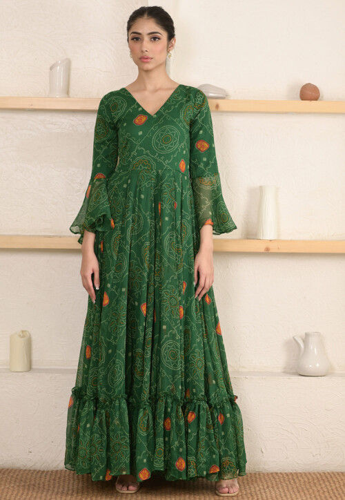 Bandhej Printed Chiffon Gown in Green