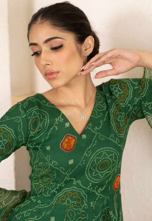 Bandhej Printed Chiffon Gown in Green