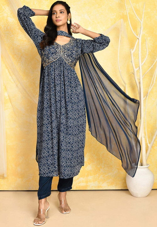 Bandhej Printed Chiffon Pakistani Suit in Blue
