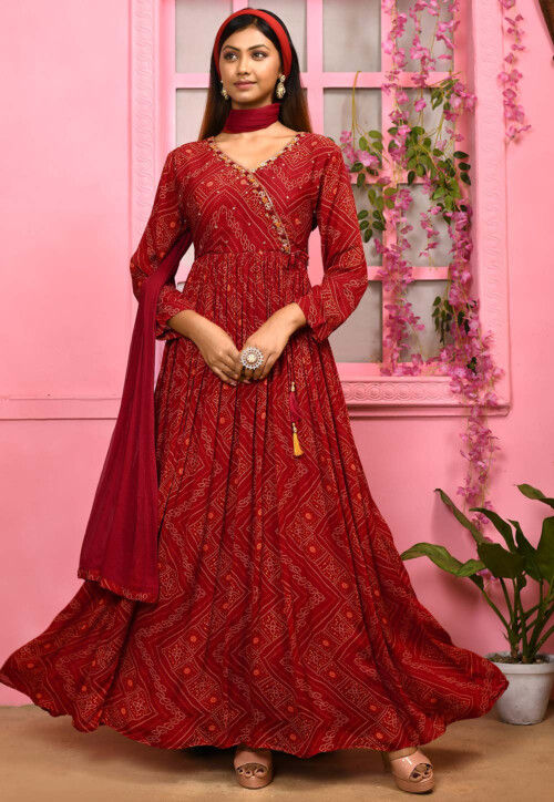 Bandhej Printed Chiffon Pakistani Suit in Red