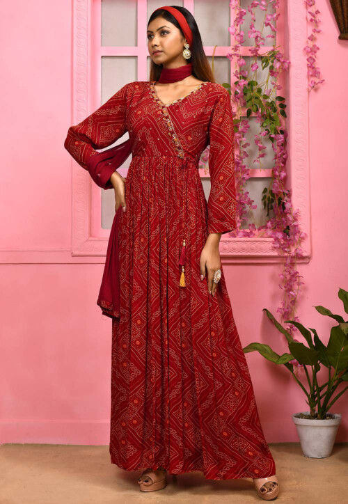 Bandhej Printed Chiffon Pakistani Suit in Red