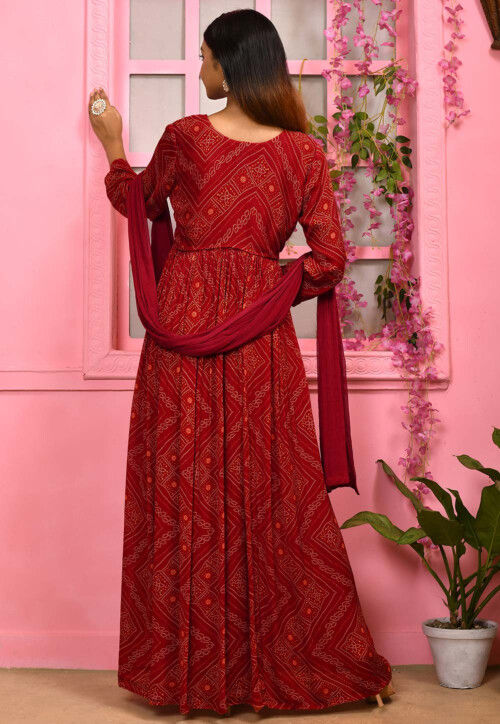 Bandhej Printed Chiffon Pakistani Suit in Red