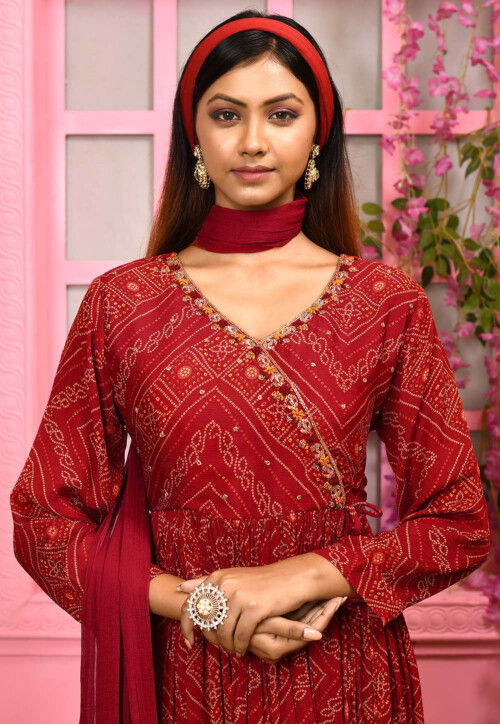 Bandhej Printed Chiffon Pakistani Suit in Red
