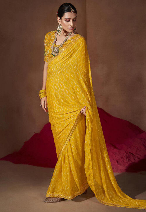 Bandhej Printed Chiffon Saree in Mustard