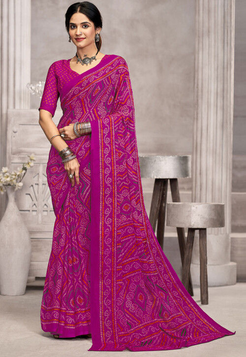 Bandhej Printed Chiffon Saree in Purple