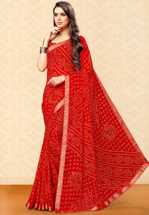 Red Casual Wear Floral Printed Chiffon Saree With Fancy Blouse