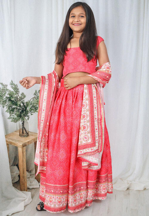 Bandhej Printed Chinon Chiffon Lehenga in Coral Pink