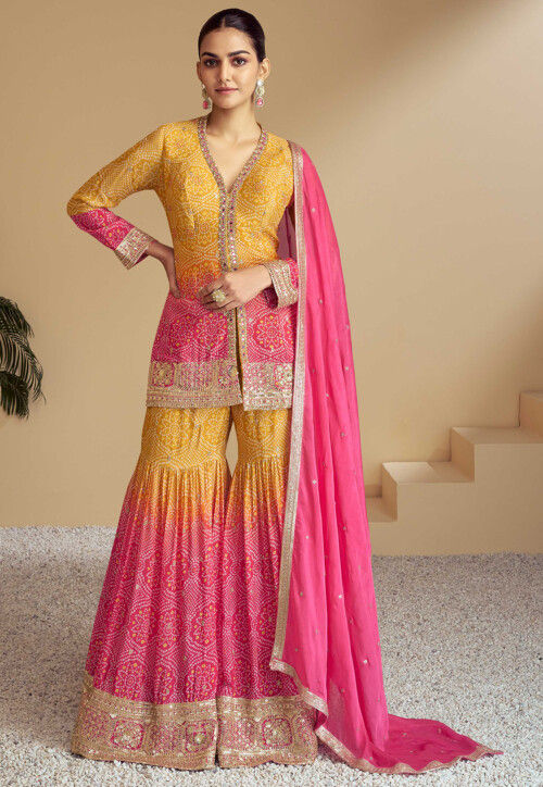 Bandhej Printed Chinon Chiffon Pakistani Suit in Shaded Mustard and Pink