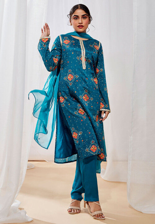 Bandhej Printed Chinon Chiffon Pakistani Suit in Teal Blue