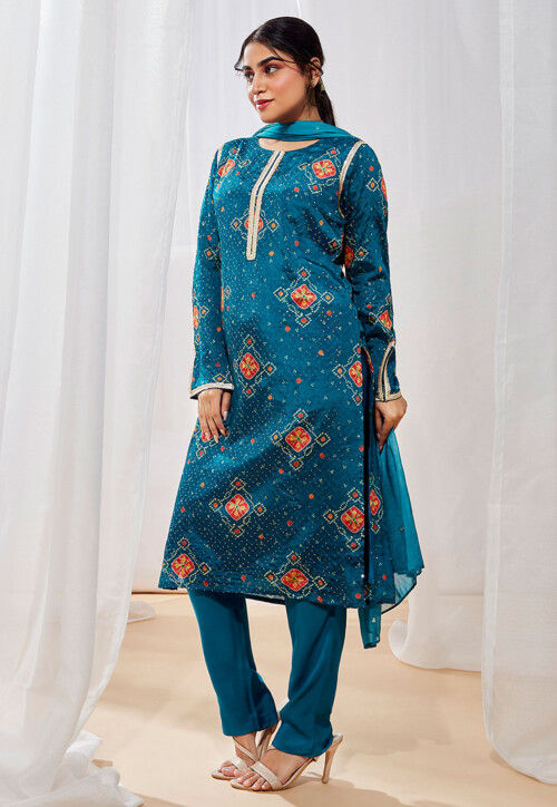 Bandhej Printed Chinon Chiffon Pakistani Suit in Teal Blue